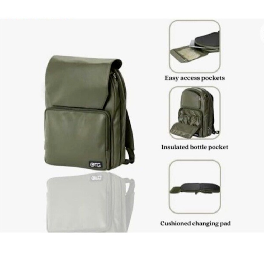 OTG Baby Vegan Leather Diaper Bag Backpack Change Station Military Green Lge New